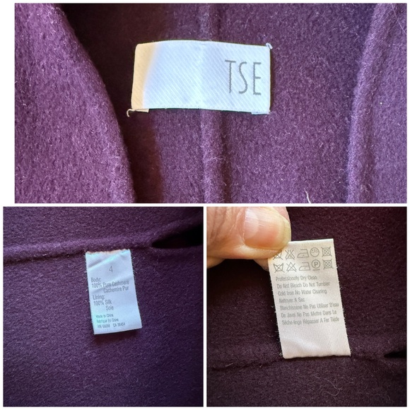 TSE 100% CASHMERE COAT SINGLE HOOK EYE CLOSURE WAIST BELT POCKETS BURGUNDY 4 - Picture 10 of 10